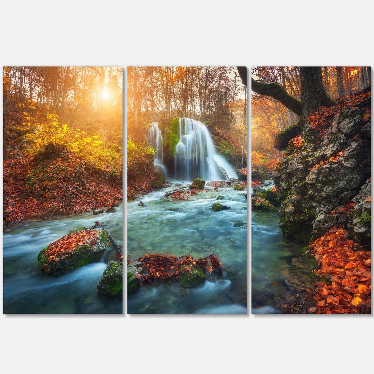 Designart - Fast Flowing Fall River in Forest - Landscape Photography Canvas Print
